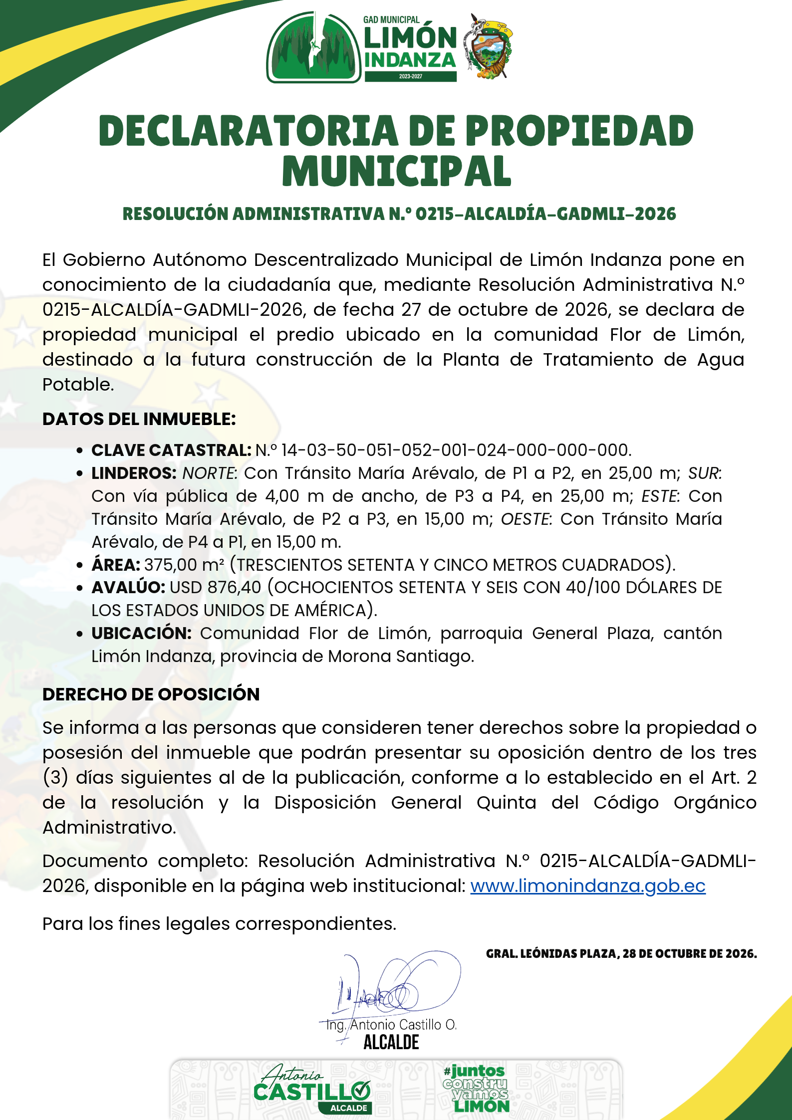RESOLUCIÓN ADMINISTRATIVA N.º 0215-ALCALDÍA-GADMLI-2026